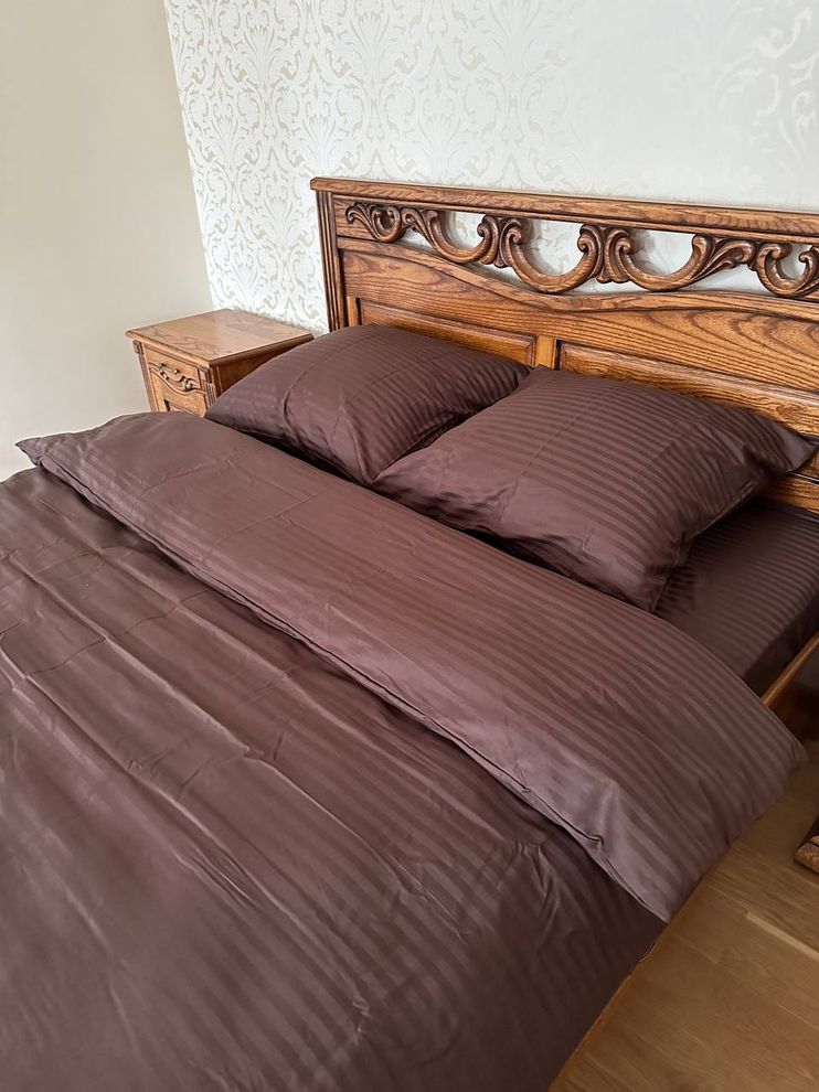 Комплект постельного белья двуспальный евро Страйп сатин Шоколадный Ananasko 541012  541012(e) фото | ANANASKO