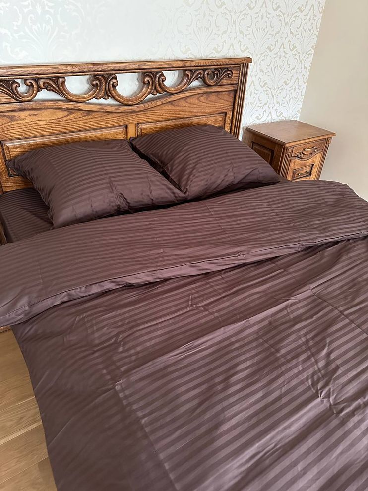 Комплект постельного белья двуспальный евро Страйп сатин Шоколадный Ananasko 541012  541012(e) фото | ANANASKO