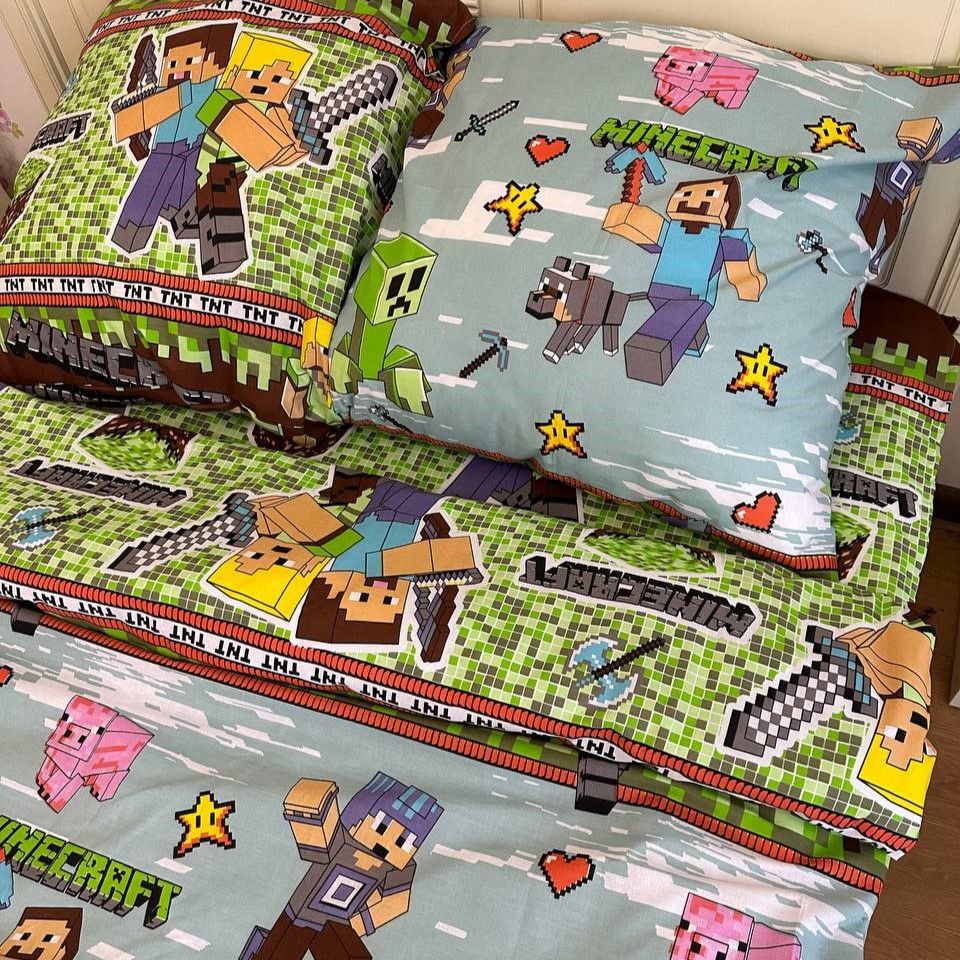 Детский комплект постельного белья полуторный Minecraft Бязь Голд с пододельником на запах Ananasko 16745 140 ниток/см² 16745(1,5) фото | ANANASKO
