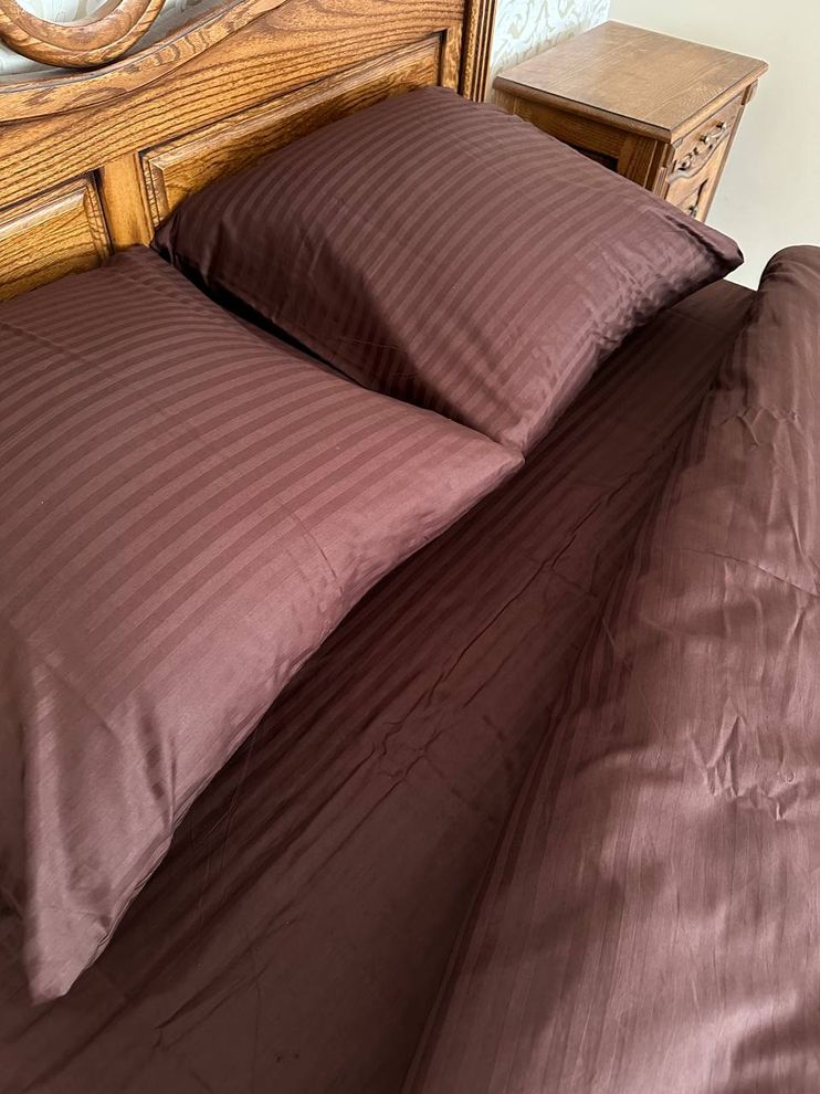 Комплект постельного белья двуспальный евро Страйп сатин Шоколадный Ananasko 541420  541420 (euro) фото | ANANASKO