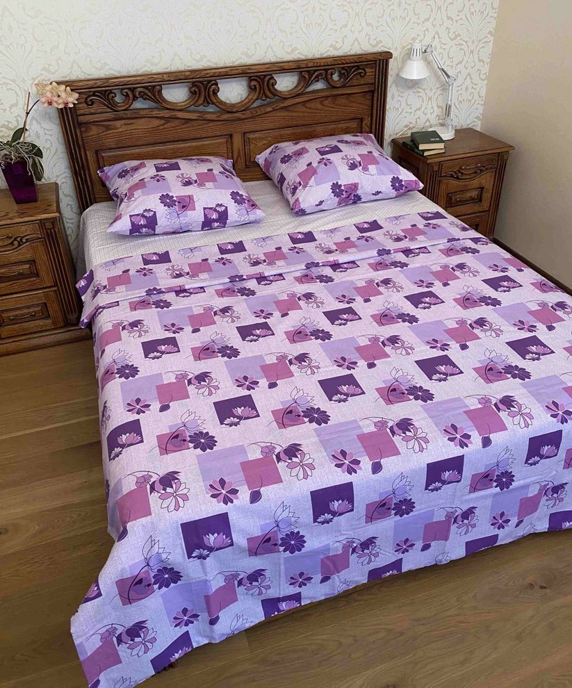 Комплект постельного белья двуспальный евро фиолетового цвета Бязь Голд Ananasko 1523 140 ниток/см² 1523(e) фото | ANANASKO