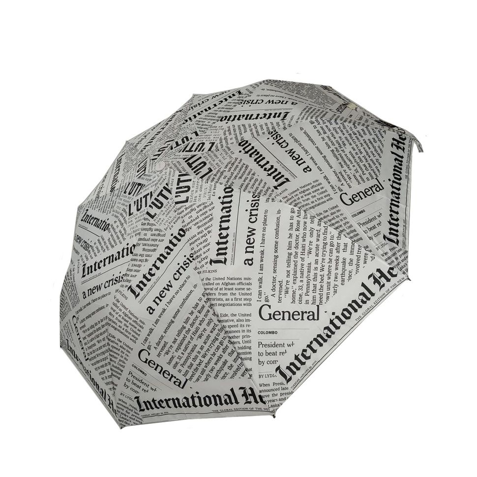 Жіноча парасоля з цікавим принтом газетних статей, напівавтомат від фірми "Max", білий  3050-4 фото | ANANASKO