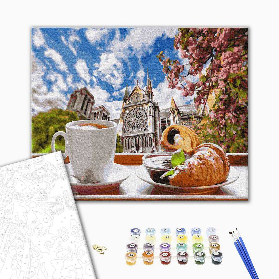 Картина по номерам Кофе с круассаном на фоне собора  GX34639 фото | ANANASKO