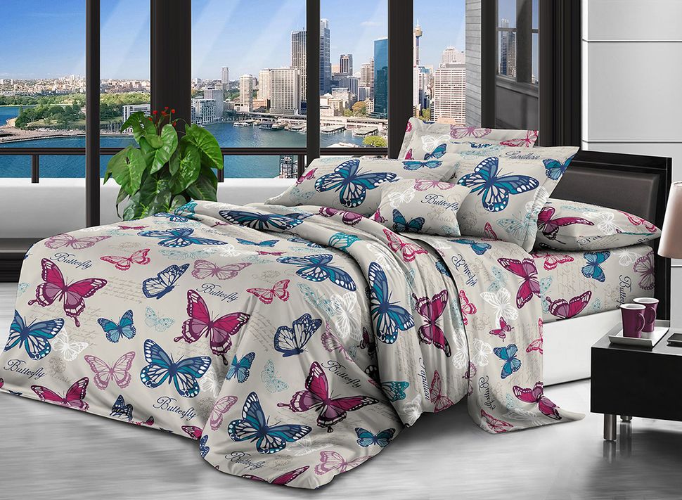 Комплект постельного белья двуспальный евро с бабочками Бязь Полиэстер Ananasko 857635 90 ниток/см² 857635(e) фото | ANANASKO