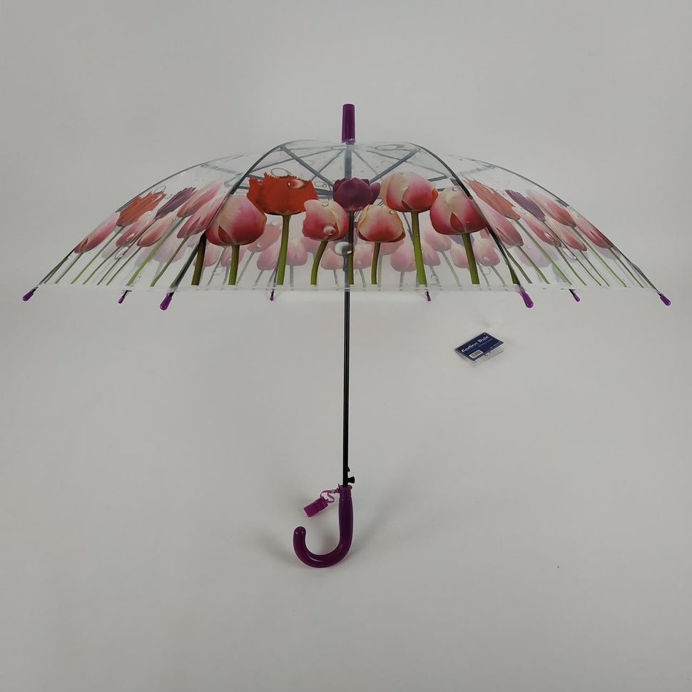Прозорий зонт-трость з зображенням різних тюльпанів, напівавтомат від фірми "Feeling rain" - 1315-3  1315-3 фото | ANANASKO