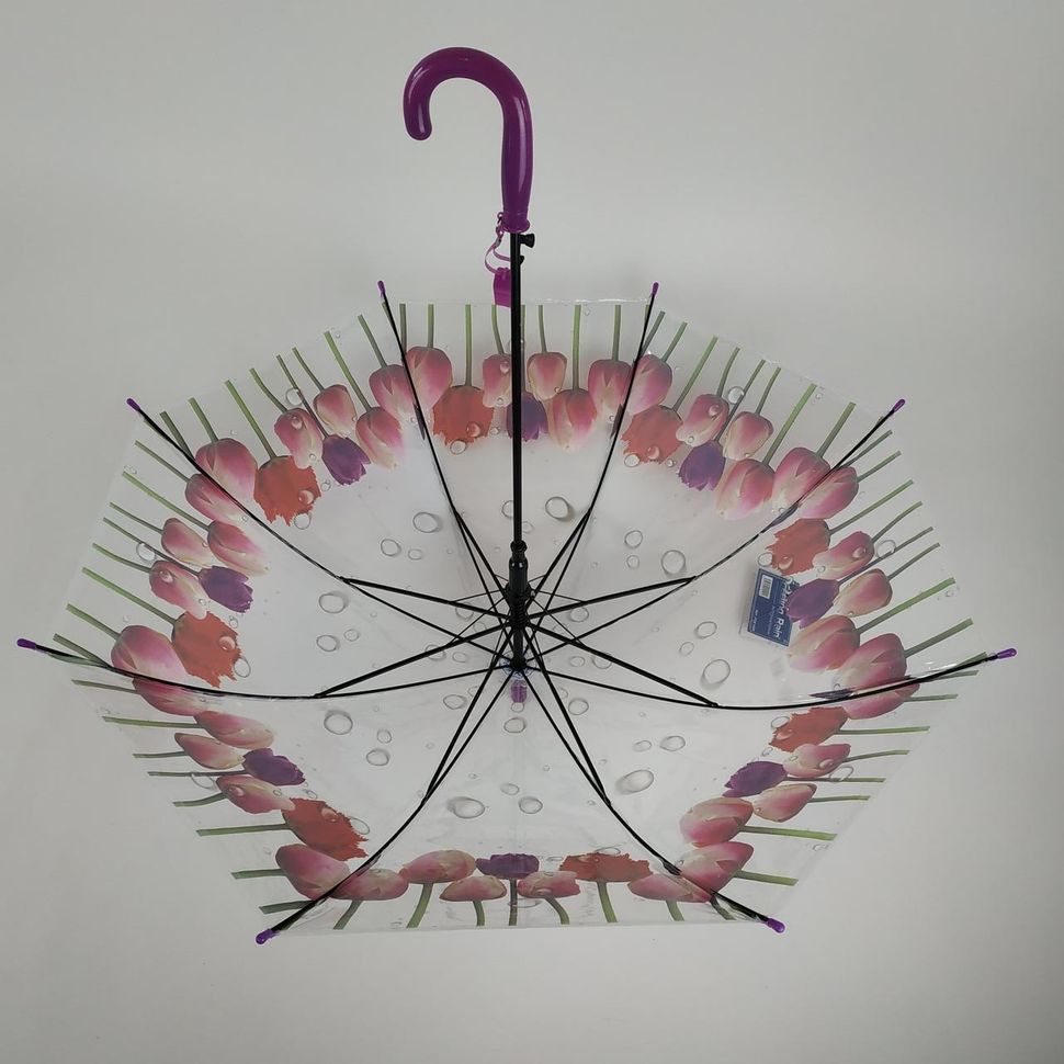 Прозорий зонт-трость з зображенням різних тюльпанів, напівавтомат від фірми "Feeling rain" - 1315-3  1315-3 фото | ANANASKO