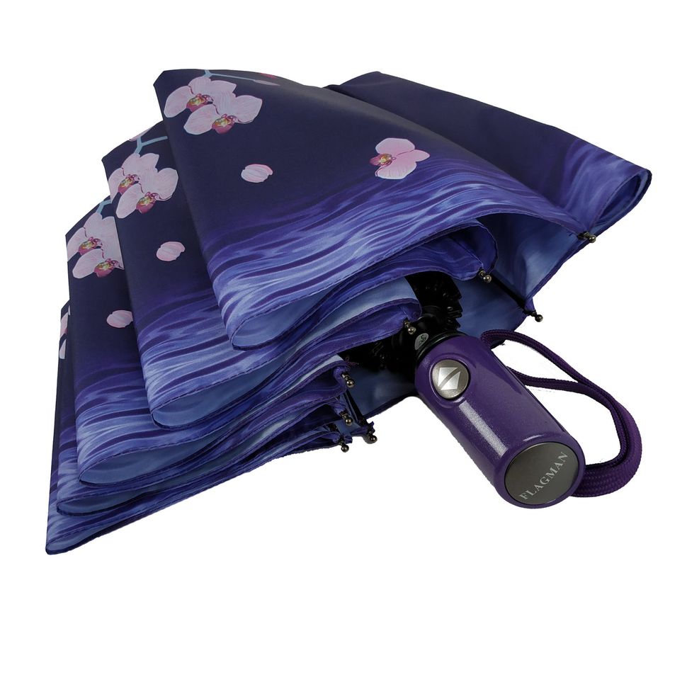 Женский автоматический зонтик Flagman с орхидеями, модель "Lava", фиолетовый, 734-4  734-4 фото | ANANASKO