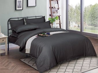 Комплект постельного белья двуспальный евро на резинке Страйп сатин Темно-серый Ananasko 555203  555203(e) фото | ANANASKO