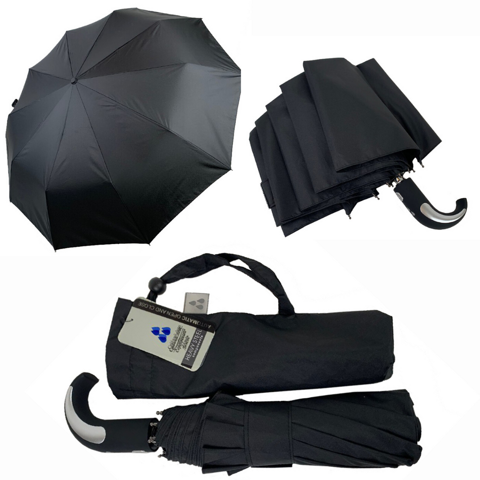 Мужской зонт-автомат Silver Rain / Серебряный дождь с ручкой полукрюк, черный, 300-1  300-1 фото | ANANASKO