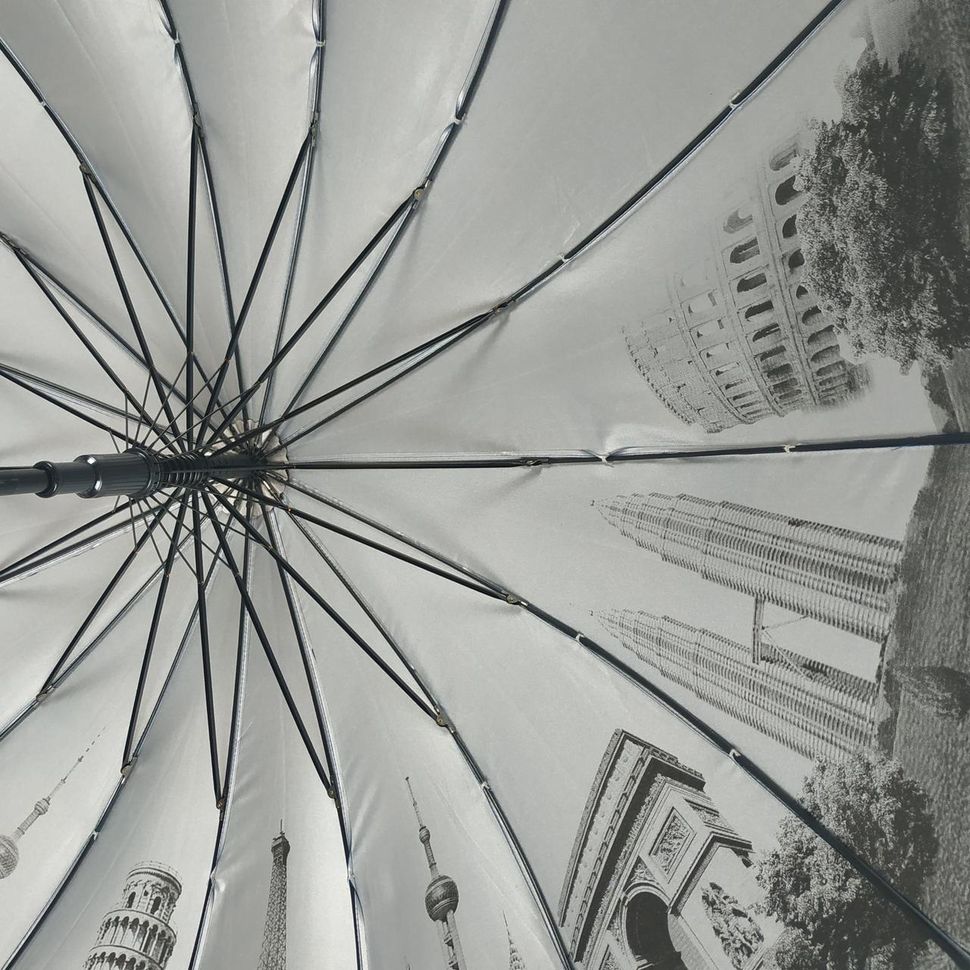 Женский зонт-трость с городами на серебристом напылении под куполом от Calm Rain, синий, 1011-1 за 836 грн