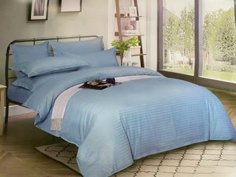 Комплект постельного белья двуспальный евро на резинке Страйп сатин Голубой Ananasko 554411  554411(e) фото | ANANASKO