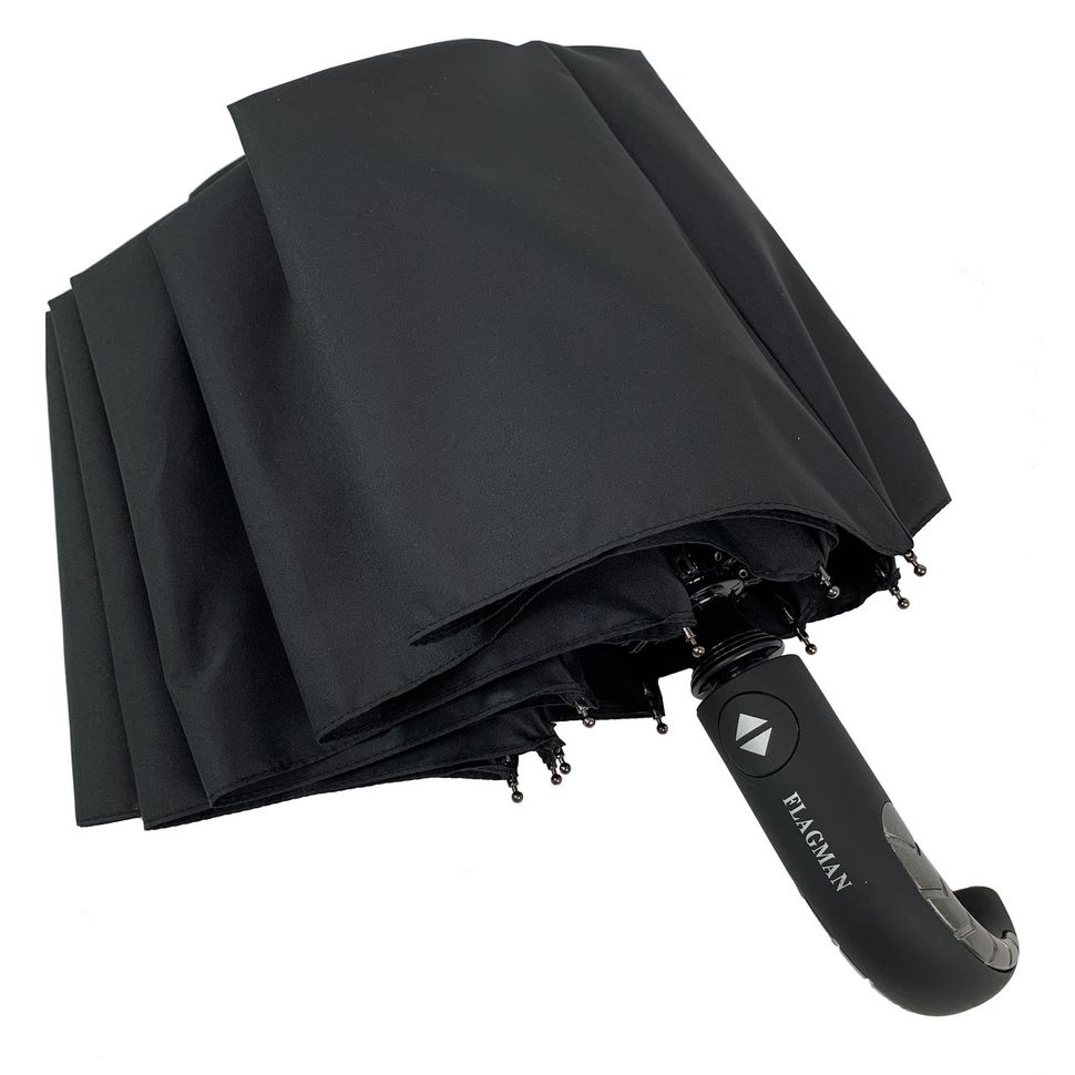 Мужской складной зонт-автомат с ручкой полукрюк от Flagman, есть антиветер, черный, 525-1  525-1 фото | ANANASKO