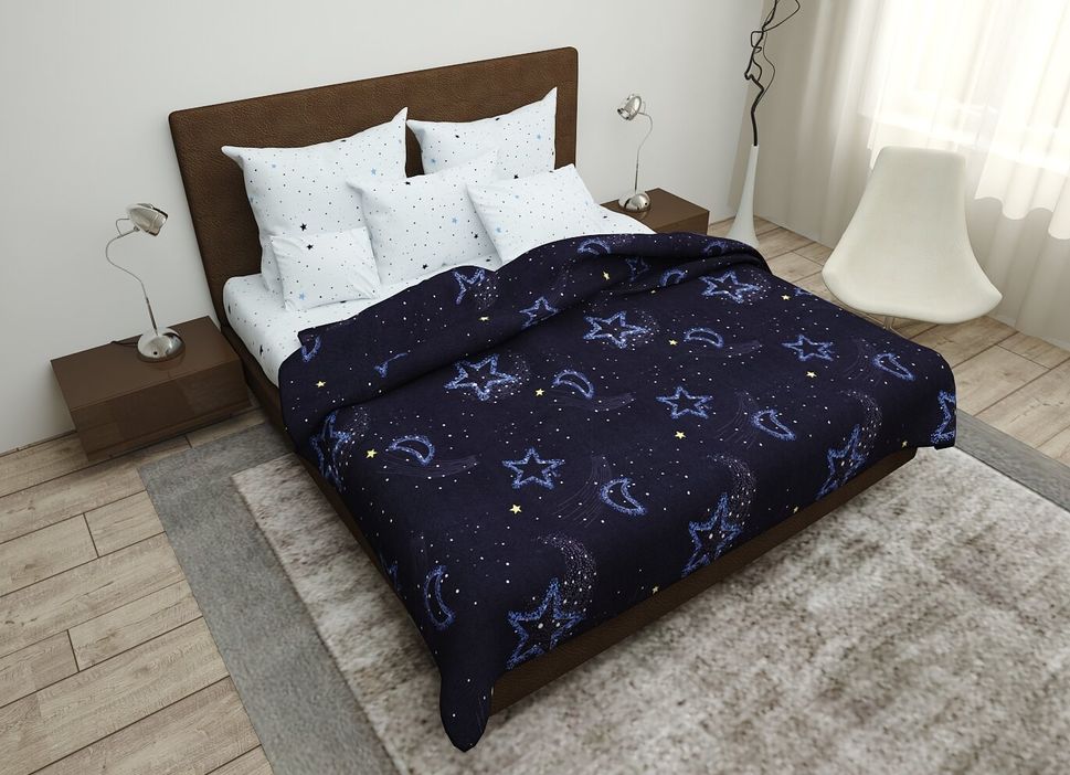 Комплект постельного белья двуспальный евро темно-синего цвета Бязь Голд Ananasko 154369 140 ниток/см² 154369(e1) фото | ANANASKO